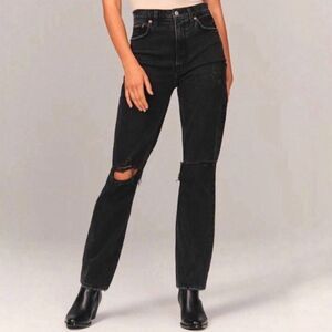 Abercrombie Curve Love Ultra High Rise Straight Jeans Black Distressed  4 Short